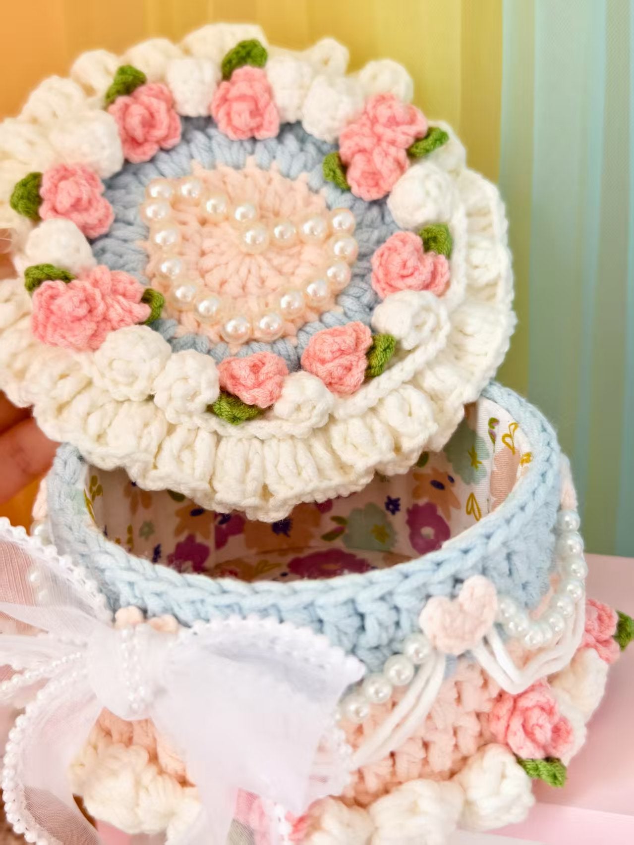 Handmade Crochet Cake Storage Box:Adorable Floral Decor &Practical